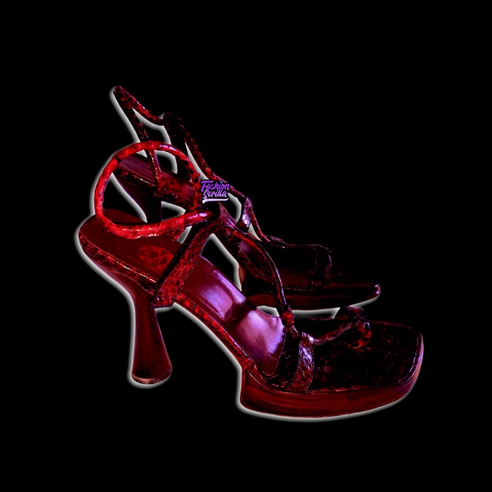 Vintage Italian Y2K Dark Cherry Red Exotic Python Leather Platform Designer Heel